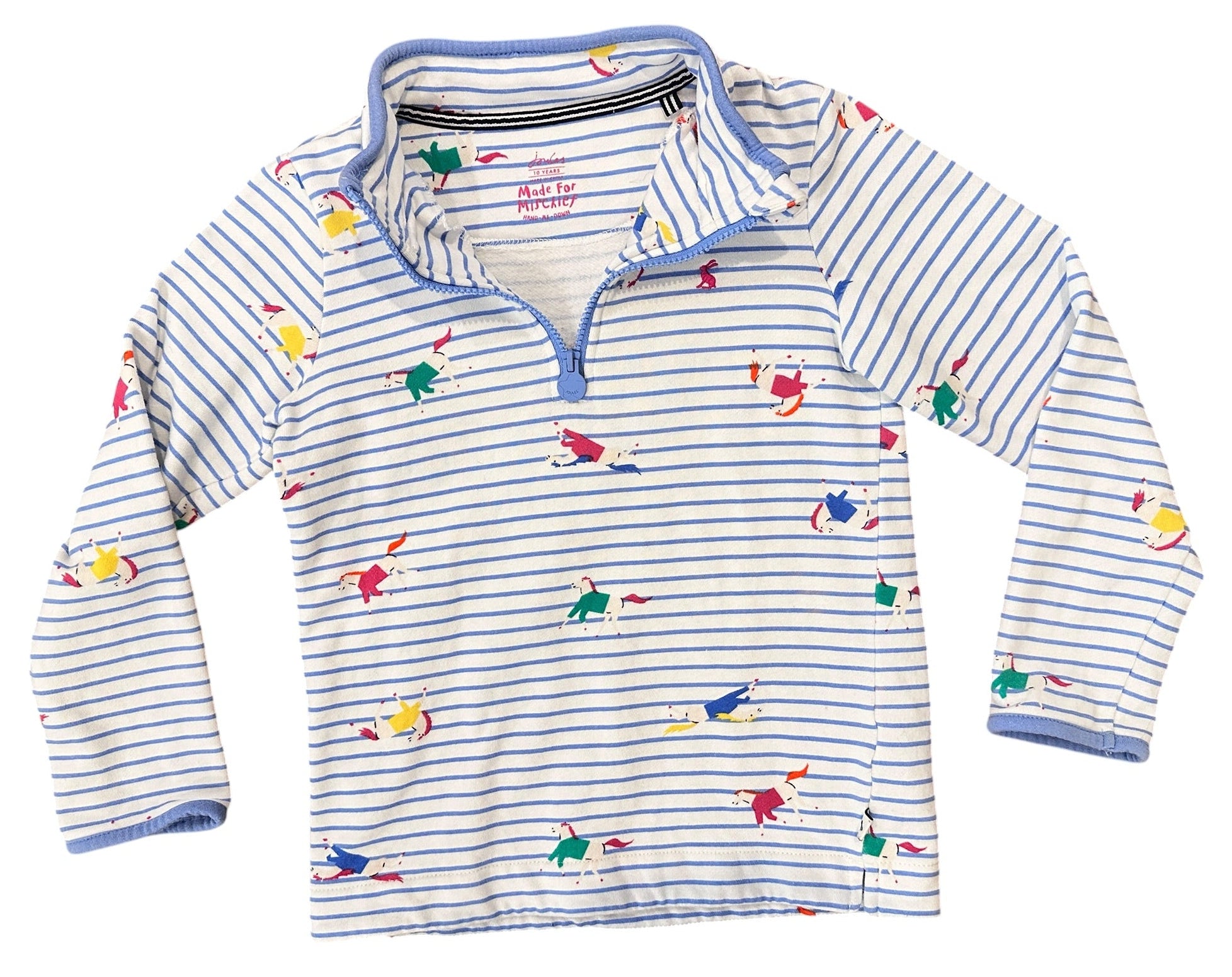 Youth Size 10 - Joules Made for Mischief Horse and Stripe Zip Pullover