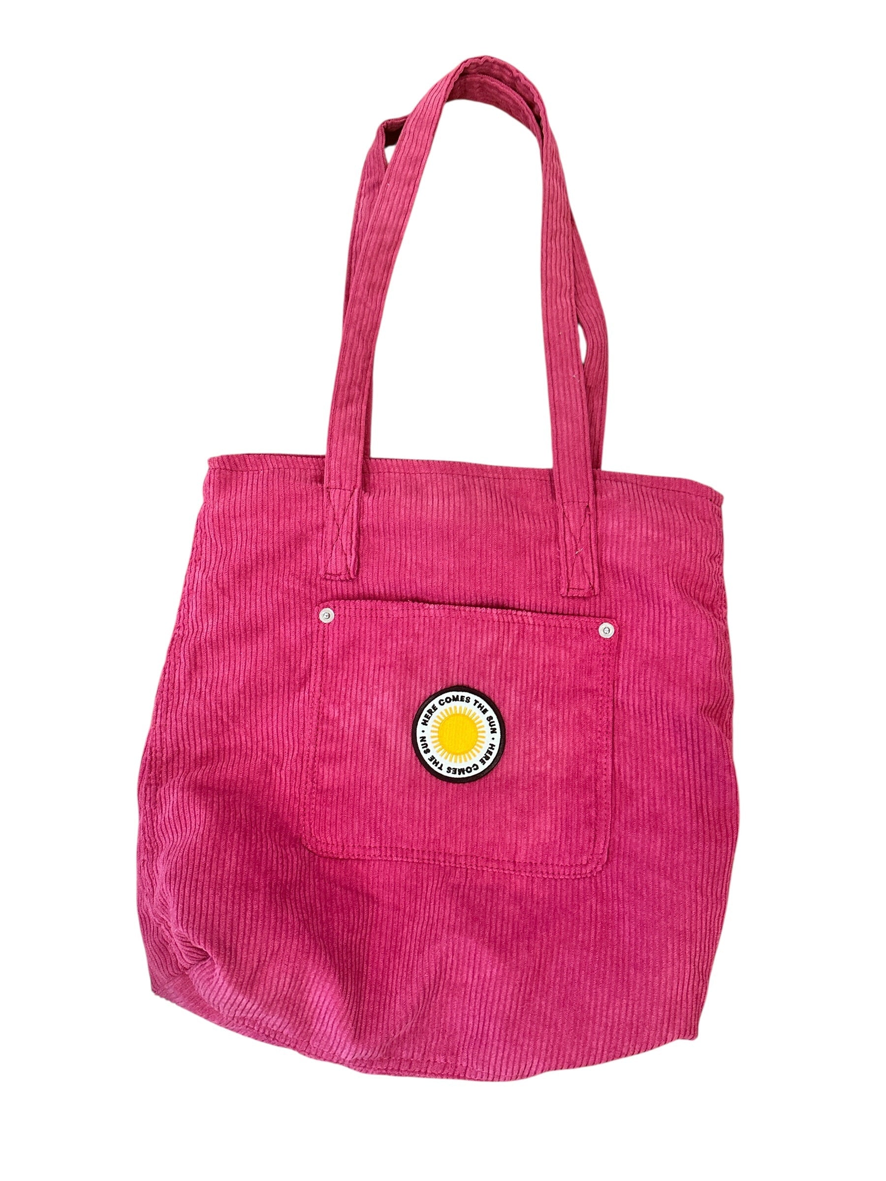 Pink Corduroy Shoulder Tote Bag with Patch