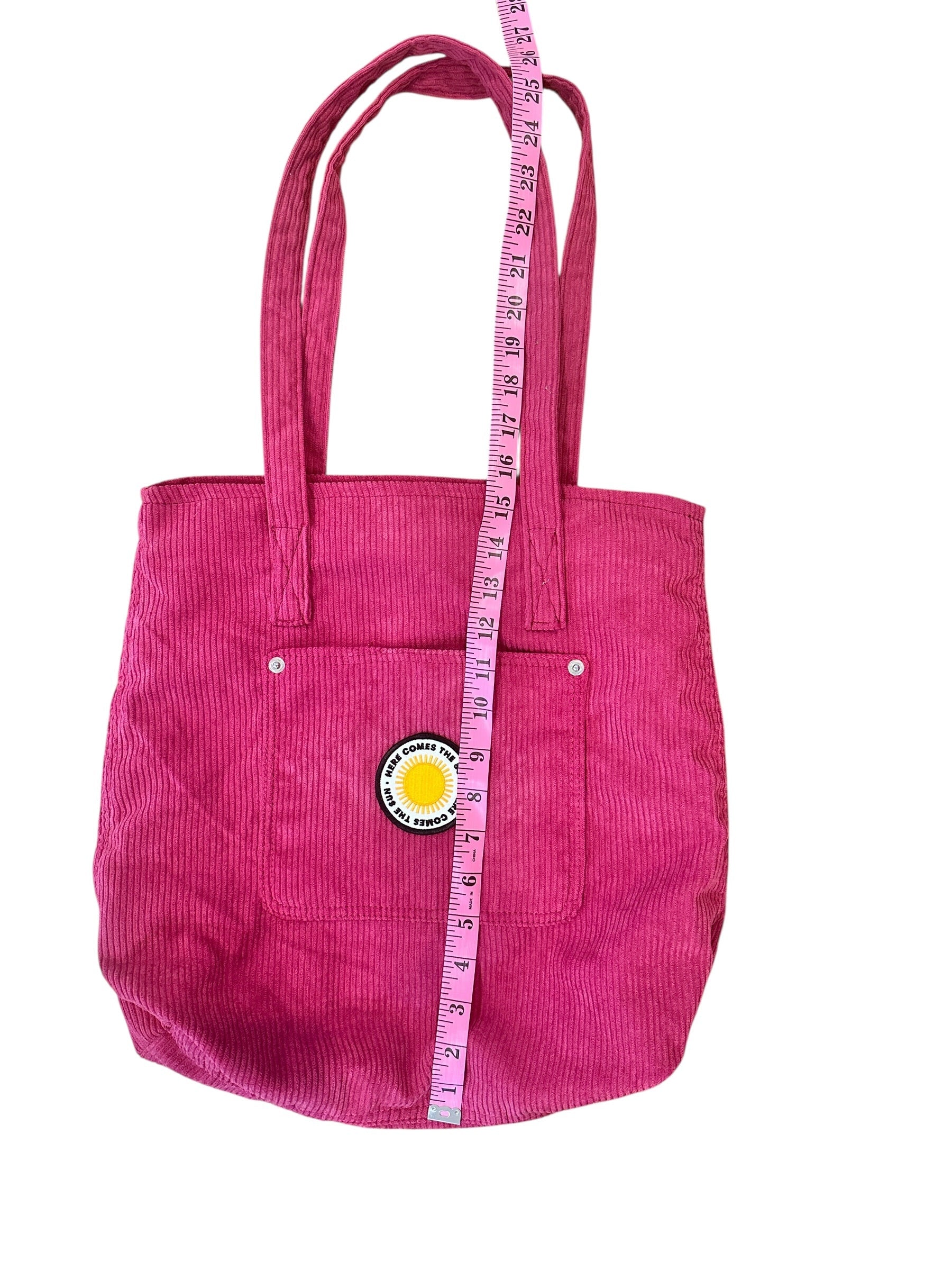 Pink Corduroy Shoulder Tote Bag with Patch
