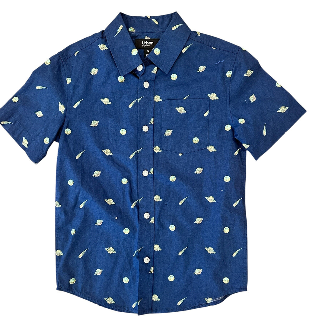 Youth Size Small - Urban Pipeline Space Theme Short Sleeve Button Down Shirt