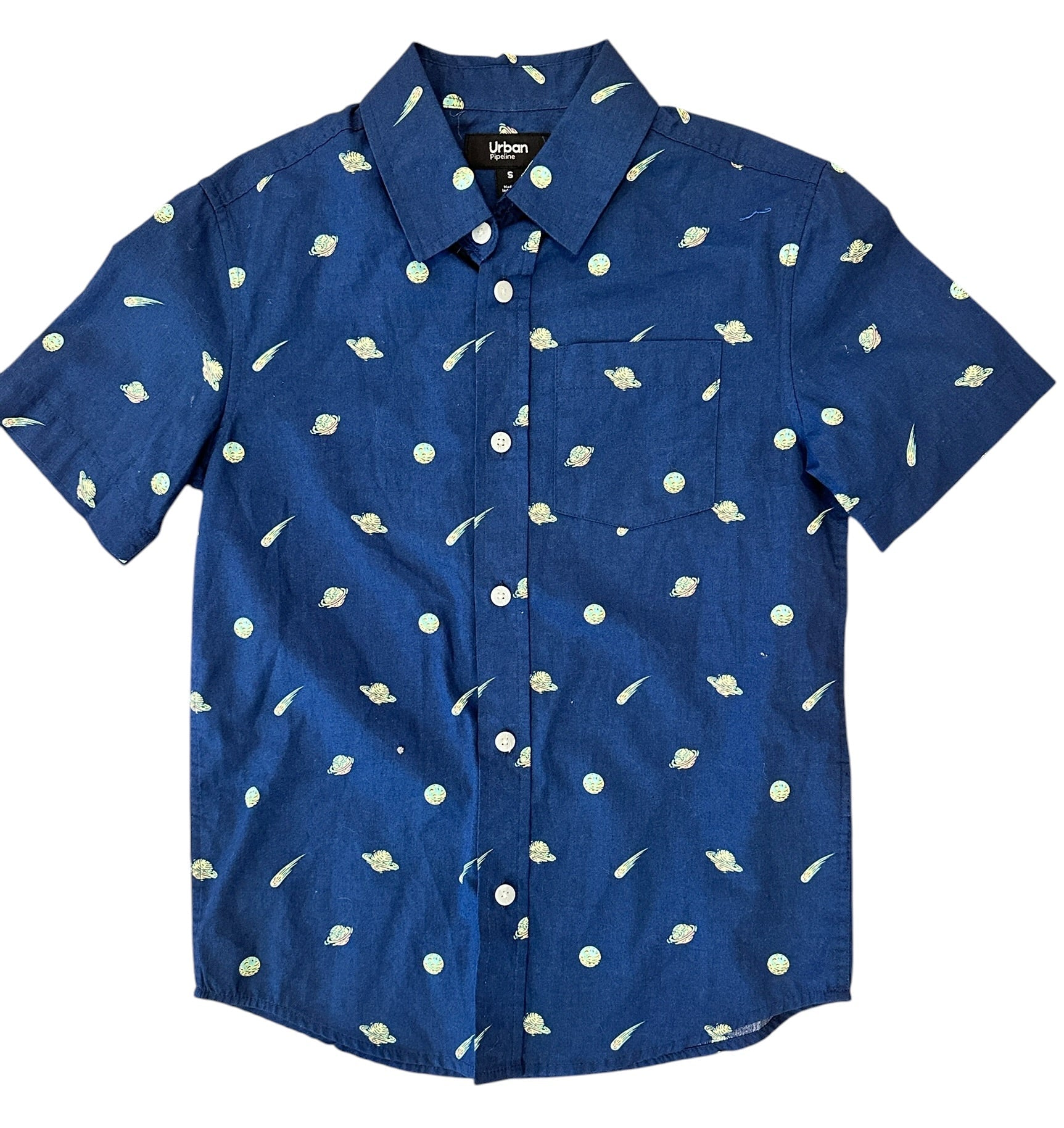 Youth Size Small - Urban Pipeline Space Theme Short Sleeve Button Down Shirt