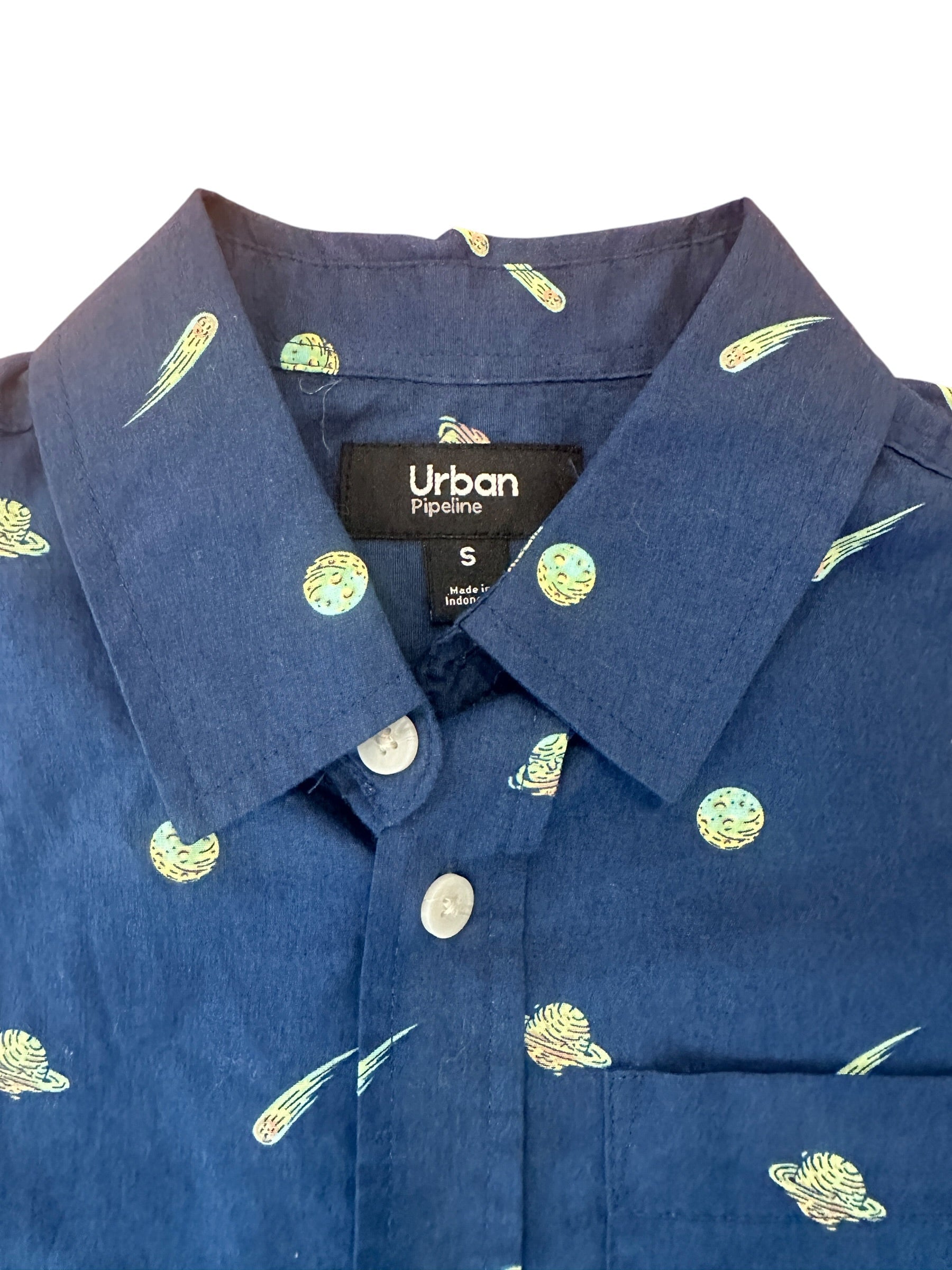 Youth Size Small - Urban Pipeline Space Theme Short Sleeve Button Down Shirt
