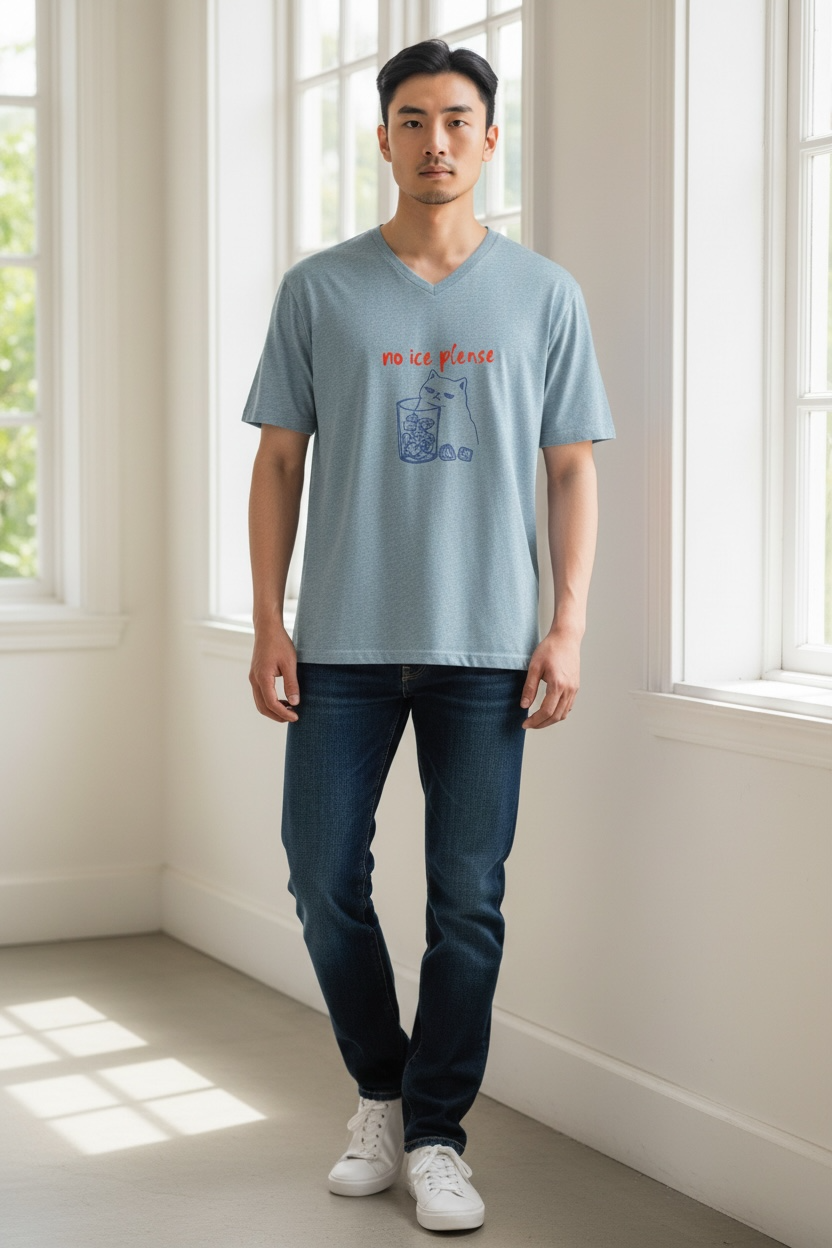 Size XL - No Ice Please, Blue V-Neck Tee - Upcycled