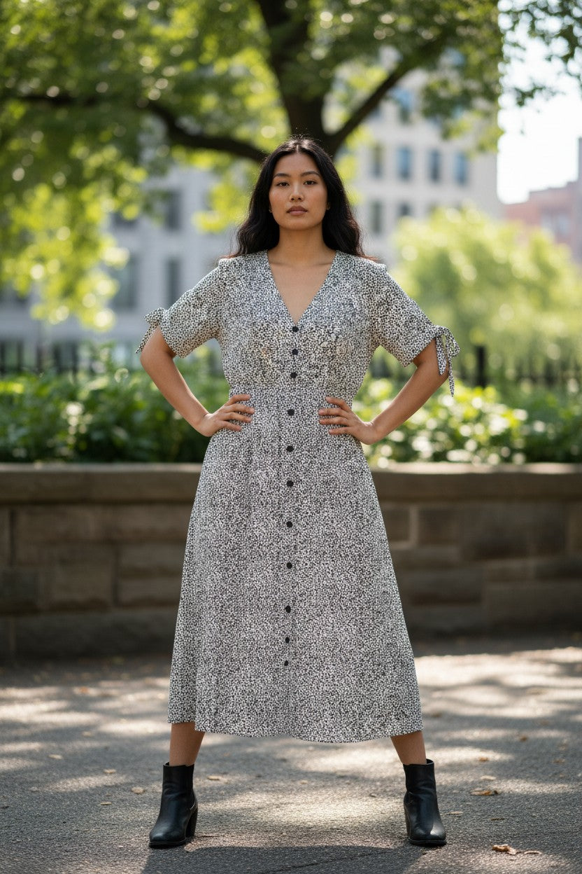 Lady Bear Resale black and white polka dot midi dress with tie sleeves and button front, size small.