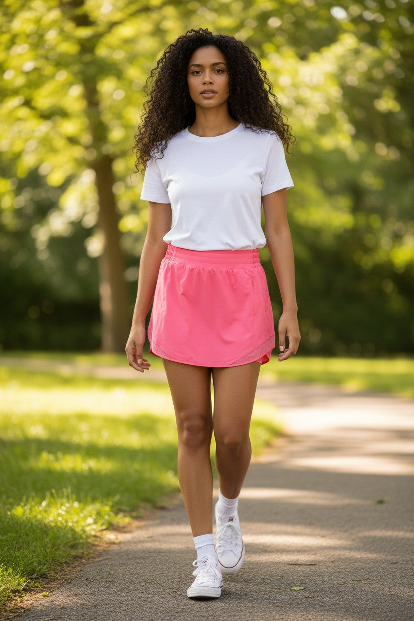 Lady Bear Resale Lululemon pink athletic skort with built-in shorts and zip pocket, size small.
